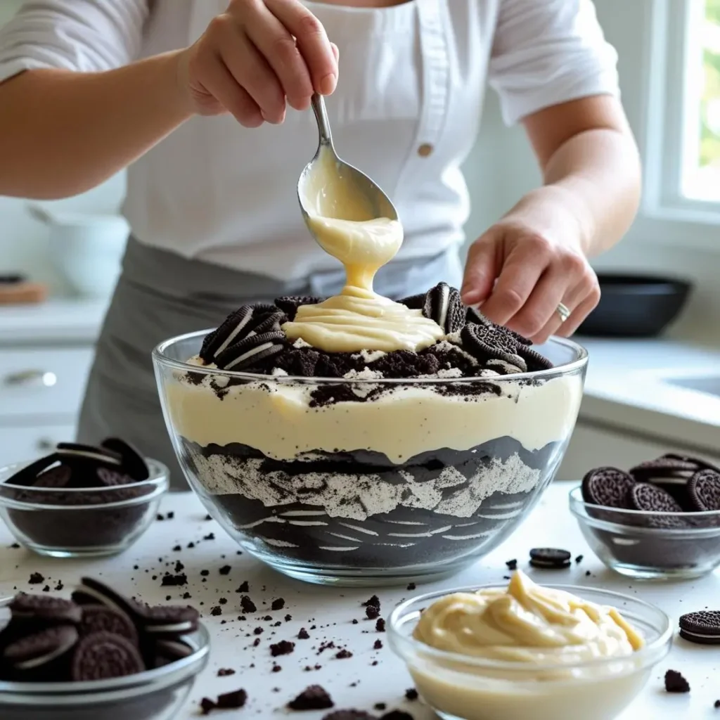 "Step by step process of making no-bake Oreo dirt pudding"
