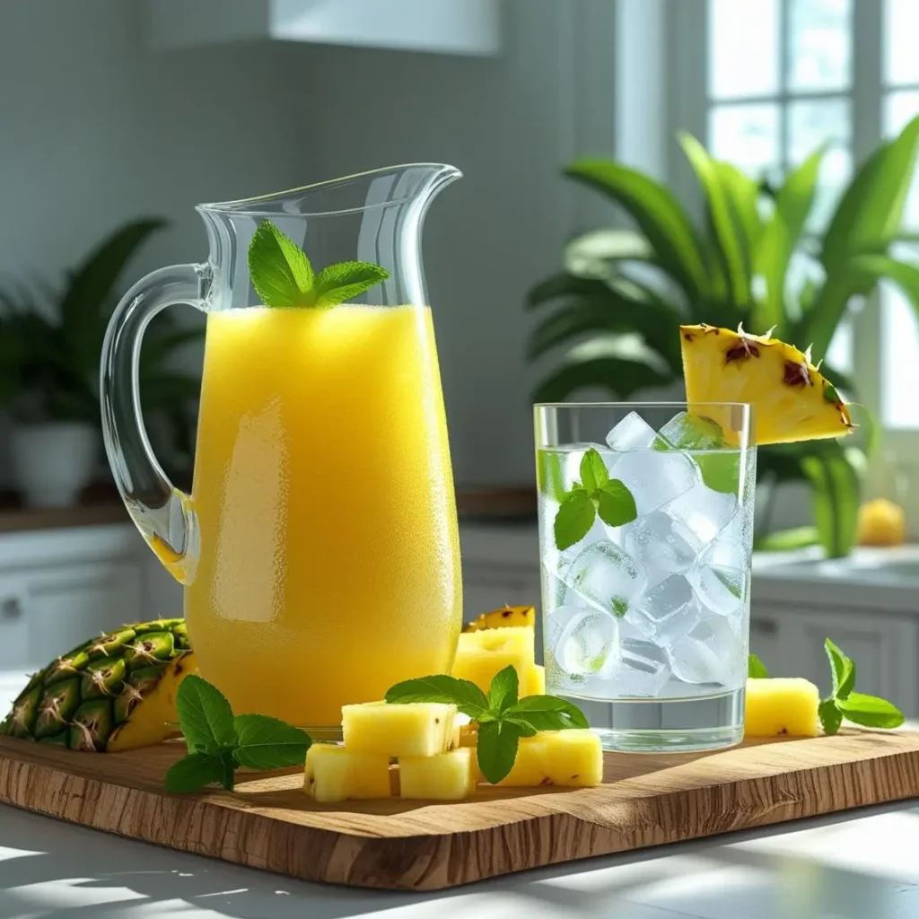 "Before and after comparison of whole pineapple and finished pineapple juice glasses"