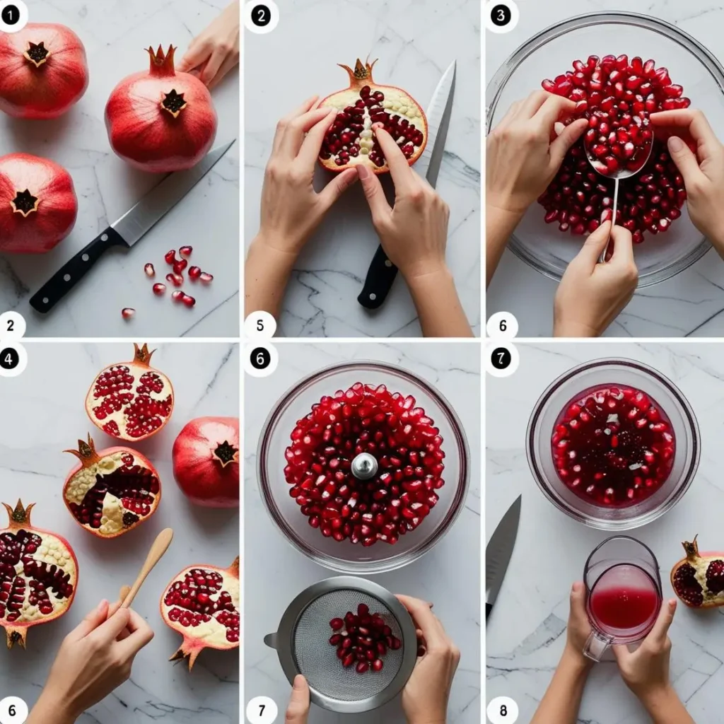 "Complete 6-step visual guide showing how to make fresh pomegranate juice from whole fruit to finished glass"