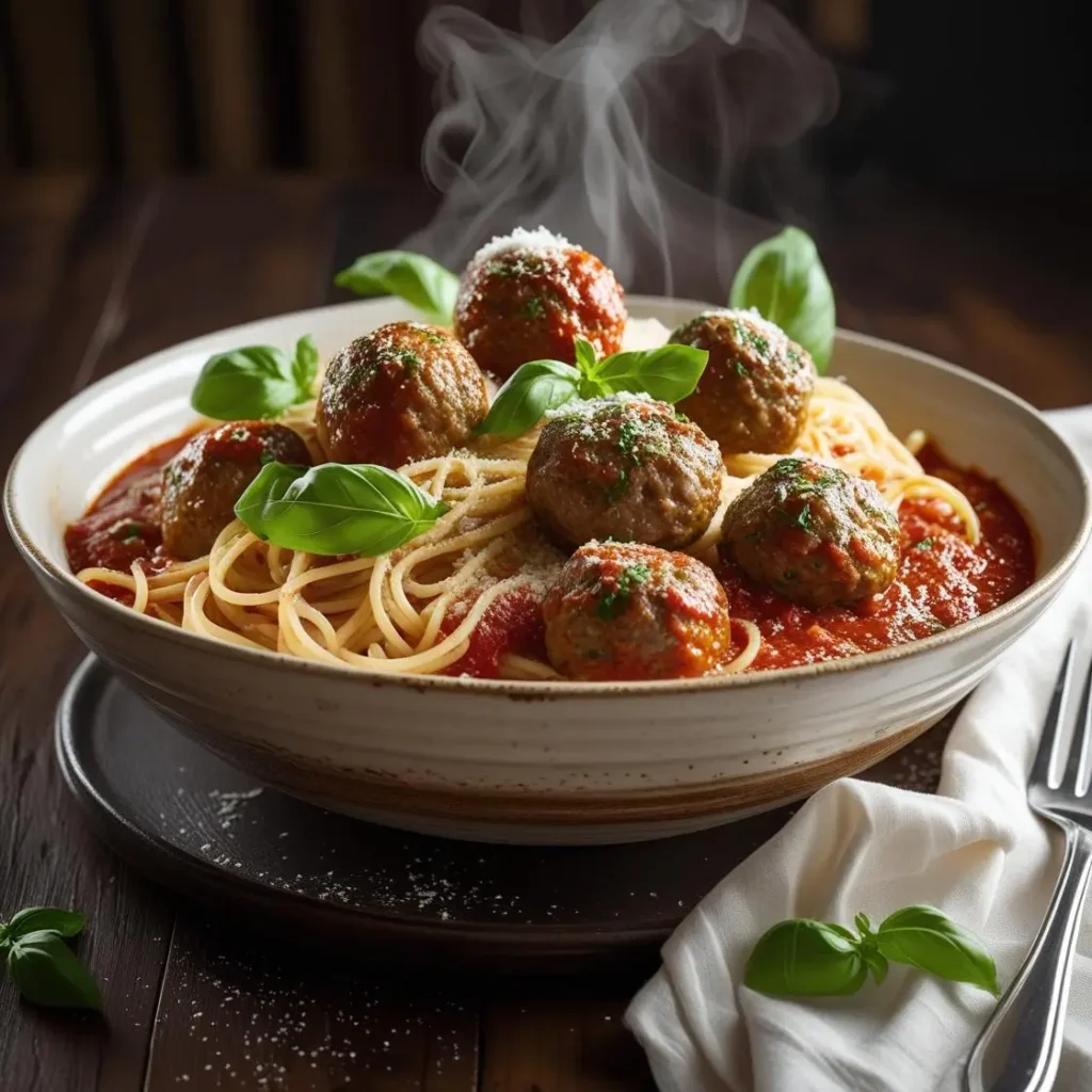 "Family dinner table with spaghetti and meatballs platter and wine glasses"