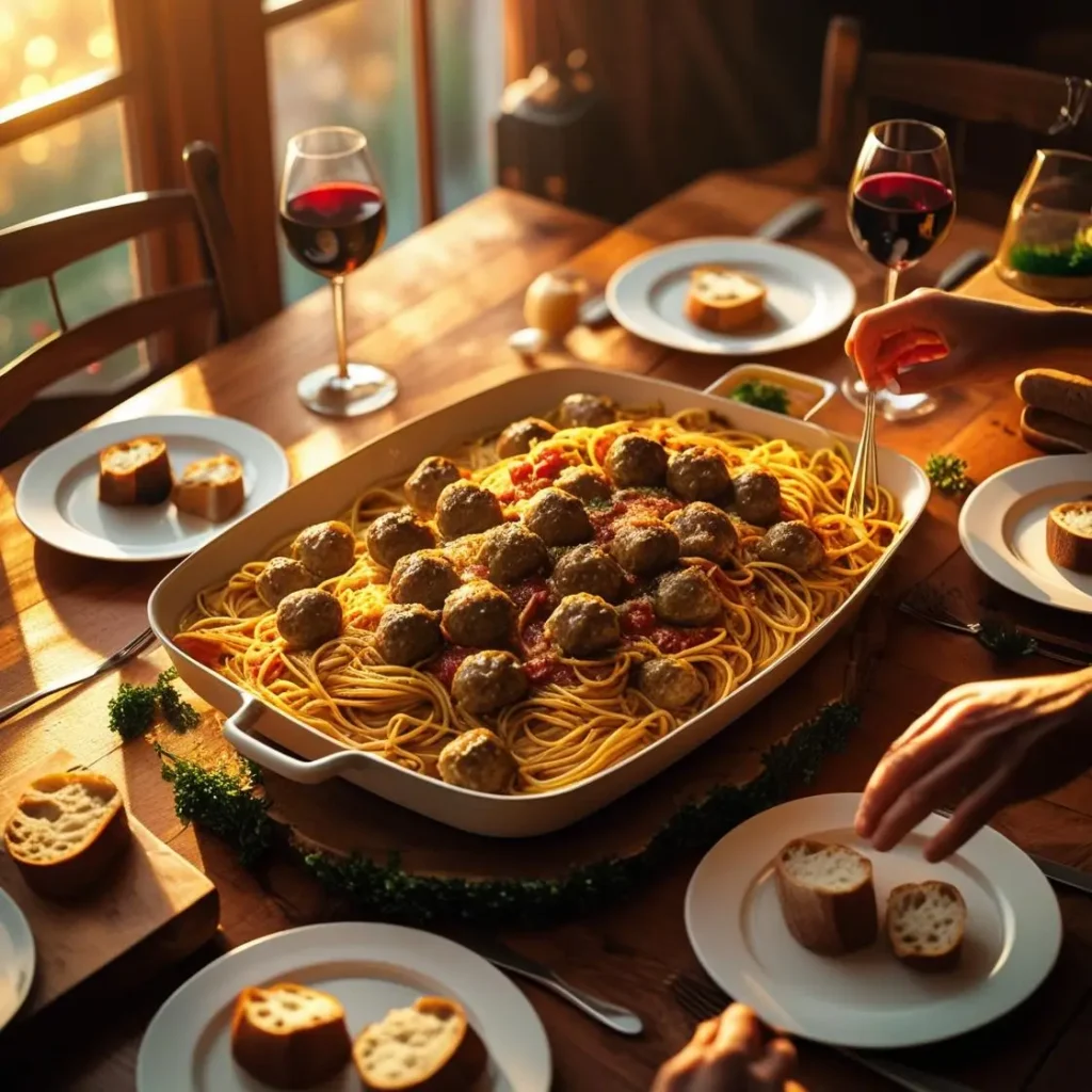 "Family dinner table with meatball pasta platter and wine glasses"