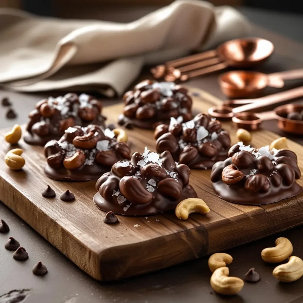Homemade chocolate covered cashews with flaky sea salt on wooden board