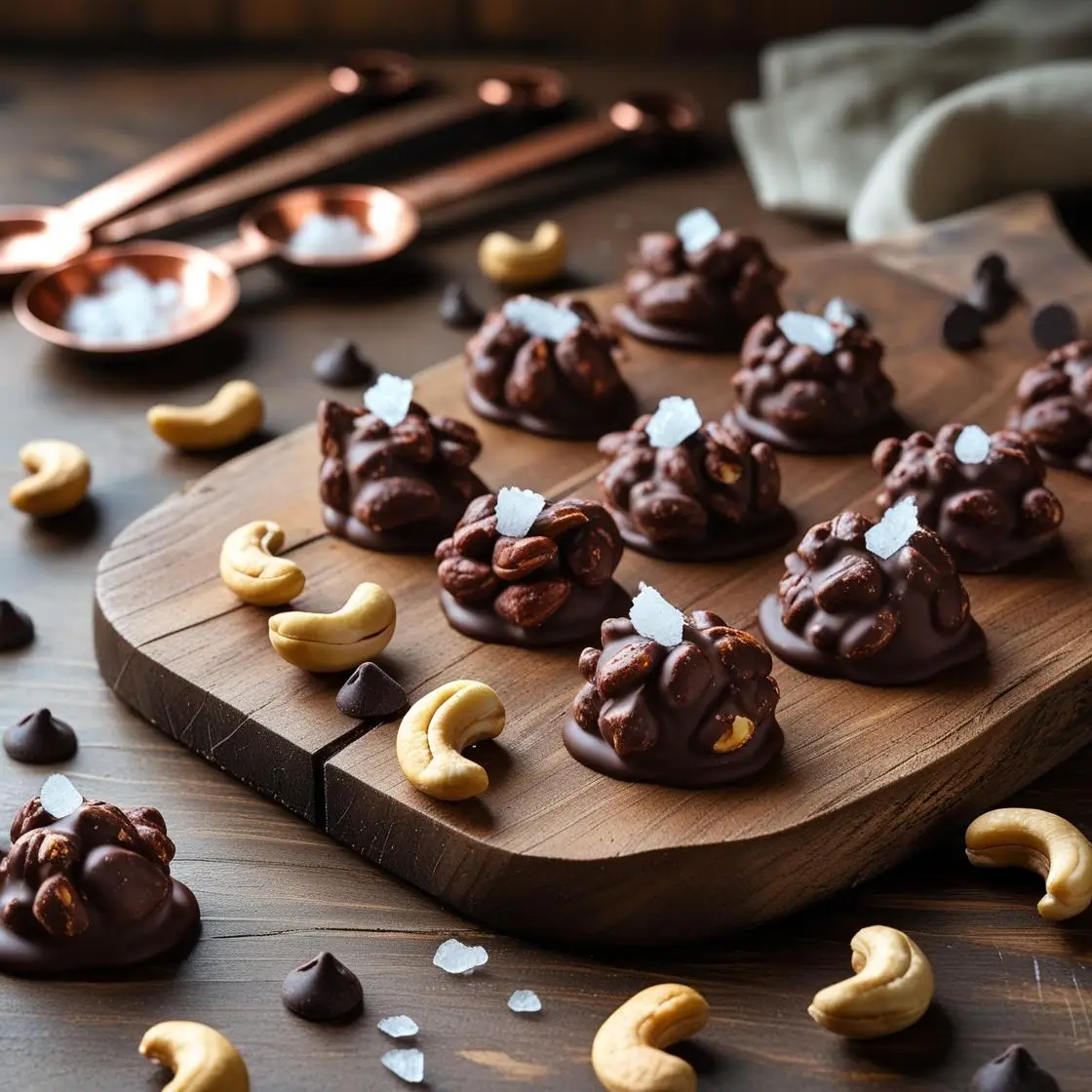 Easy chocolate cashew clusters recipe ingredients laid out on marble counter"
