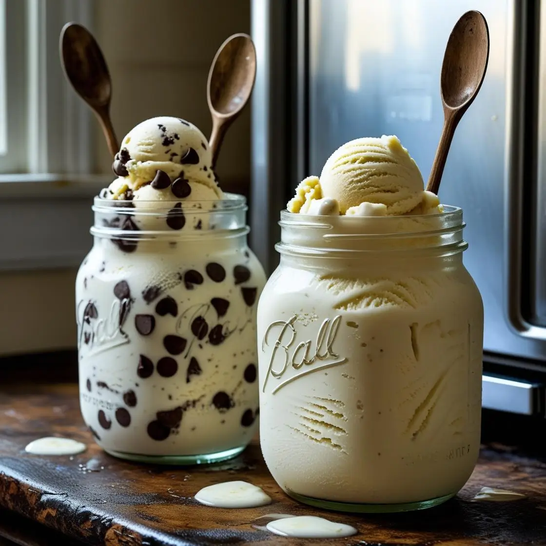 Two glass jars of frozen cashew milk ice cream in vanilla and chocolate chip flavors on kitchen counter near open freezer