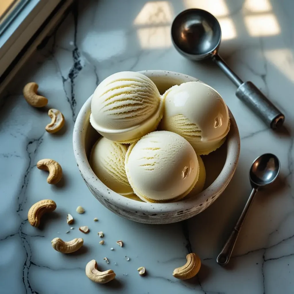 Three scoops of creamy vanilla cashew milk ice cream in ceramic bowl with scattered cashews and vintage ice cream scoop on marble counter