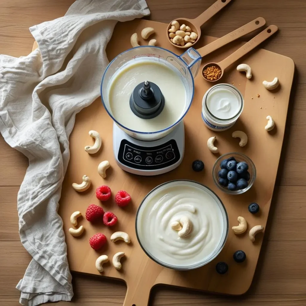 Cashew yogurt making process ingredients and equipment flat lay"