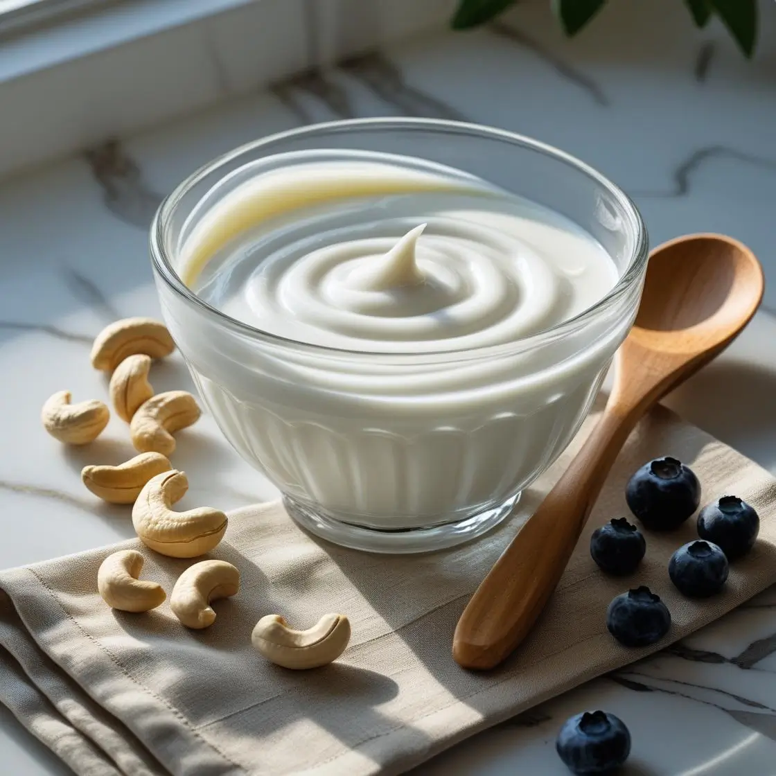 "Homemade Cashew Yogurt in glass bowl with fresh berries and cashews"