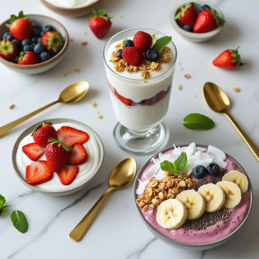 Cashew yogurt serving ideas with berries, granola, and fruit toppings"